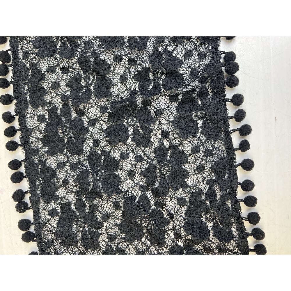 Lace Scarf Black Pom Poms Rectangle 60" X 8" Whimsy Goth Boho Special Occasion